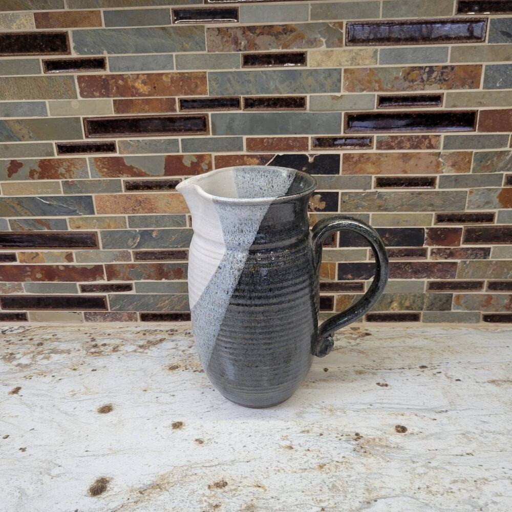 Vintage Studio Pottery Pitcher, Retro Hand Thrown, Grays and White MCM Style